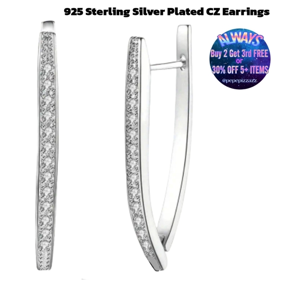 STERLING SILVER plated CZ hoop style Earrings with leverback - Picture 1 of 4